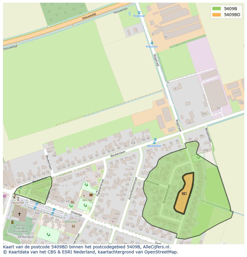 Afbeelding van het postcodegebied 5409 BD op de kaart.