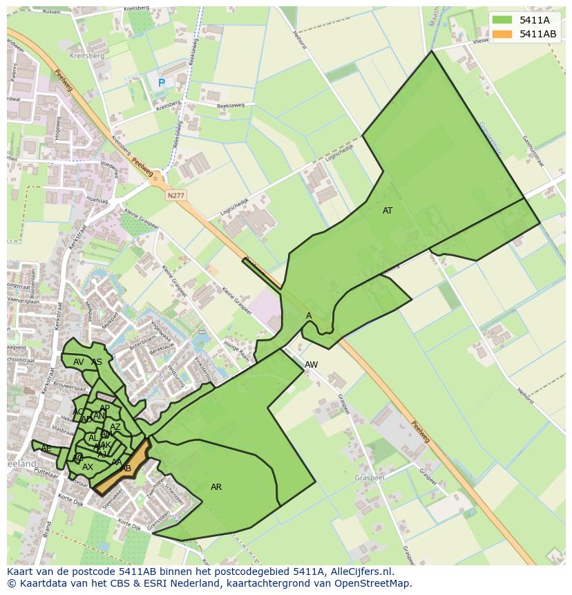 Afbeelding van het postcodegebied 5411 AB op de kaart.