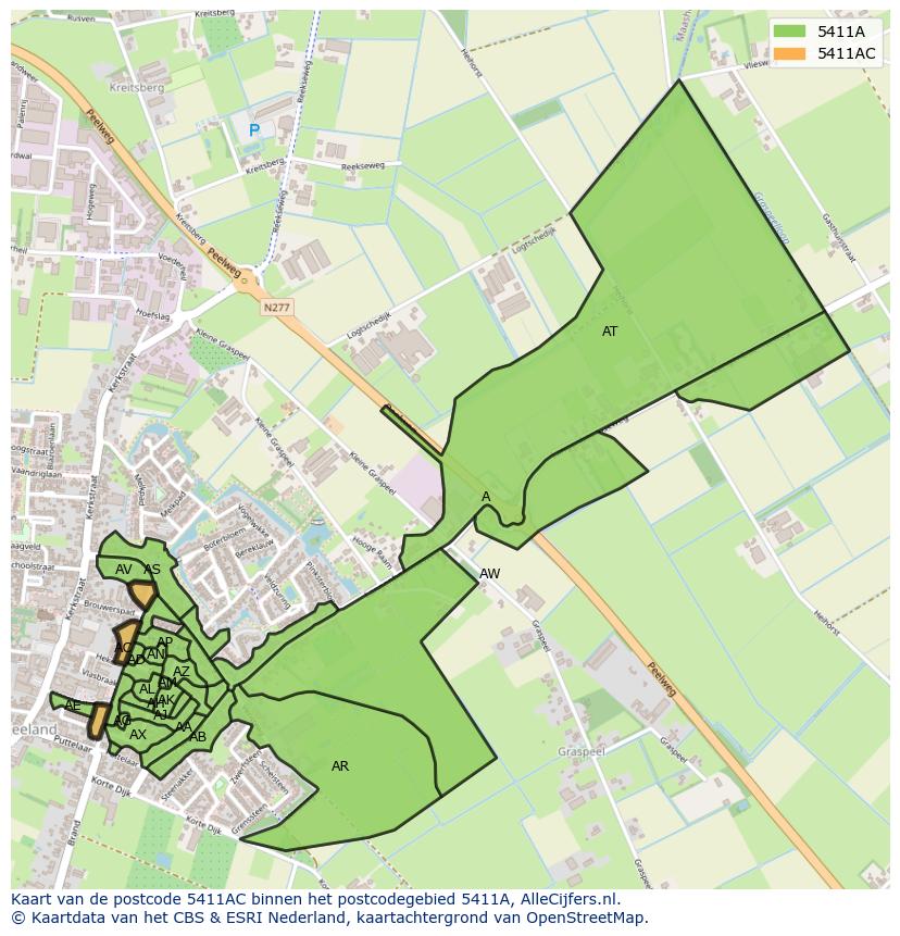 Afbeelding van het postcodegebied 5411 AC op de kaart.
