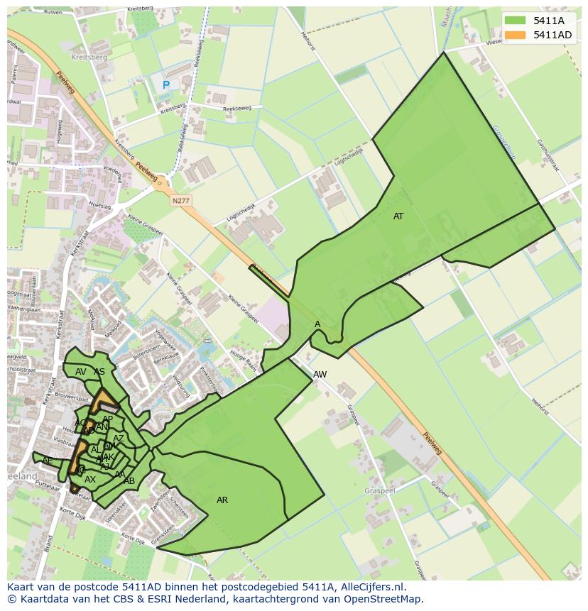 Afbeelding van het postcodegebied 5411 AD op de kaart.