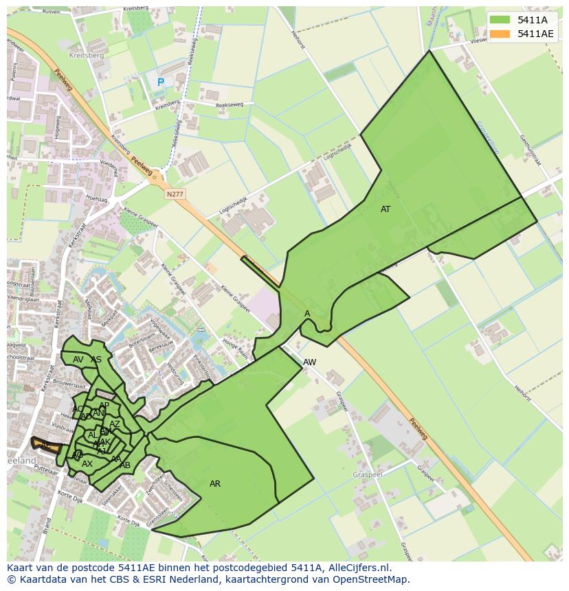 Afbeelding van het postcodegebied 5411 AE op de kaart.