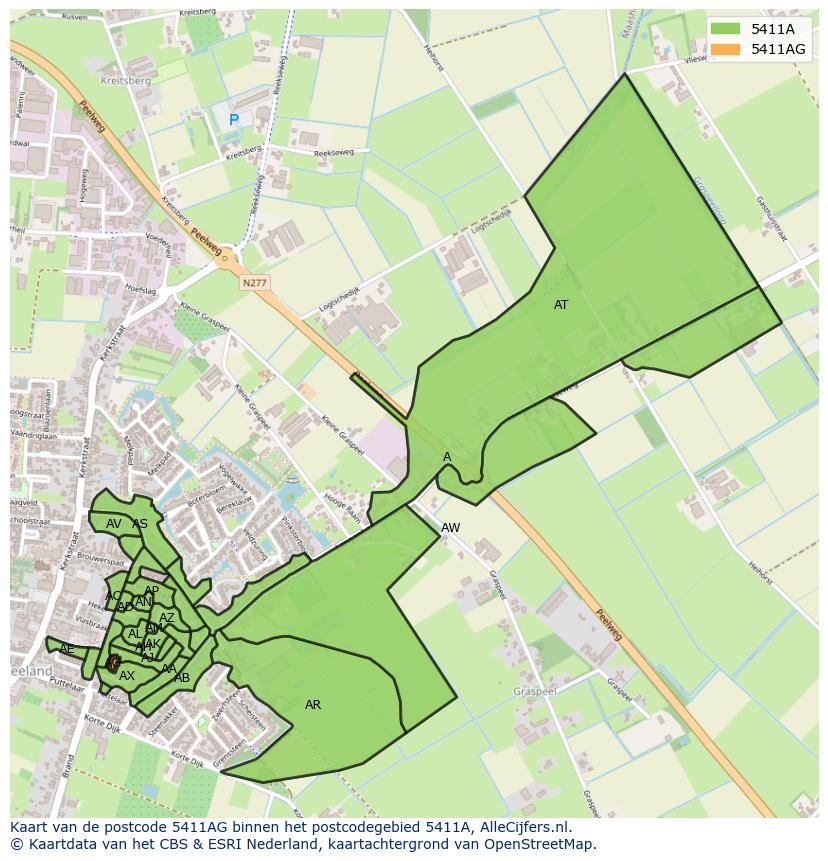 Afbeelding van het postcodegebied 5411 AG op de kaart.