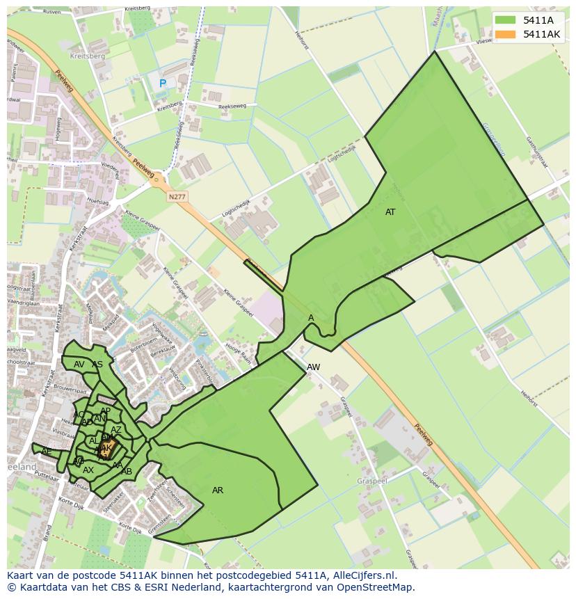 Afbeelding van het postcodegebied 5411 AK op de kaart.