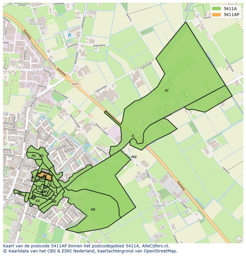 Afbeelding van het postcodegebied 5411 AP op de kaart.