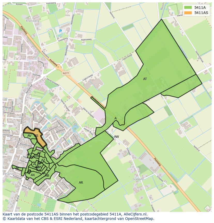 Afbeelding van het postcodegebied 5411 AS op de kaart.