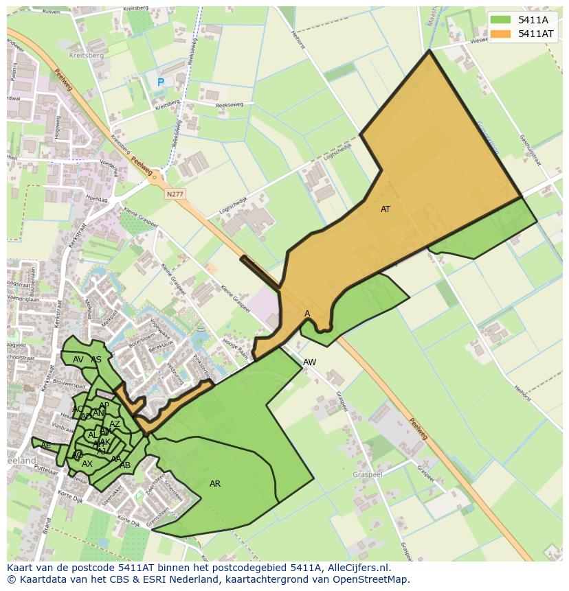 Afbeelding van het postcodegebied 5411 AT op de kaart.