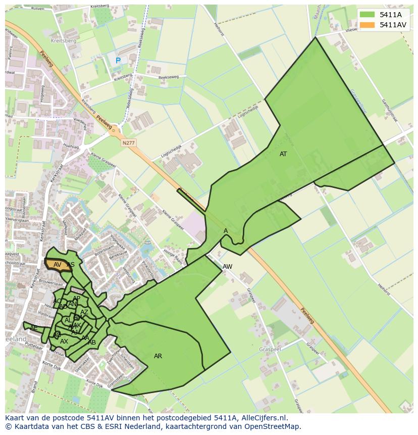 Afbeelding van het postcodegebied 5411 AV op de kaart.