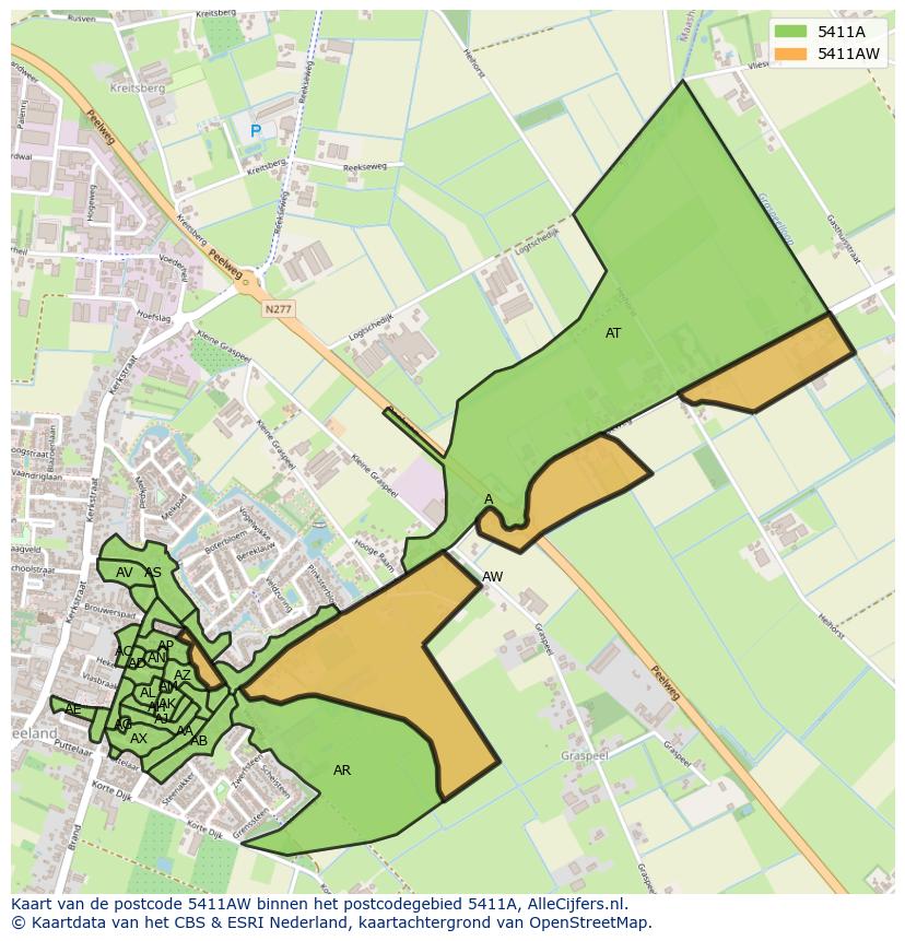 Afbeelding van het postcodegebied 5411 AW op de kaart.