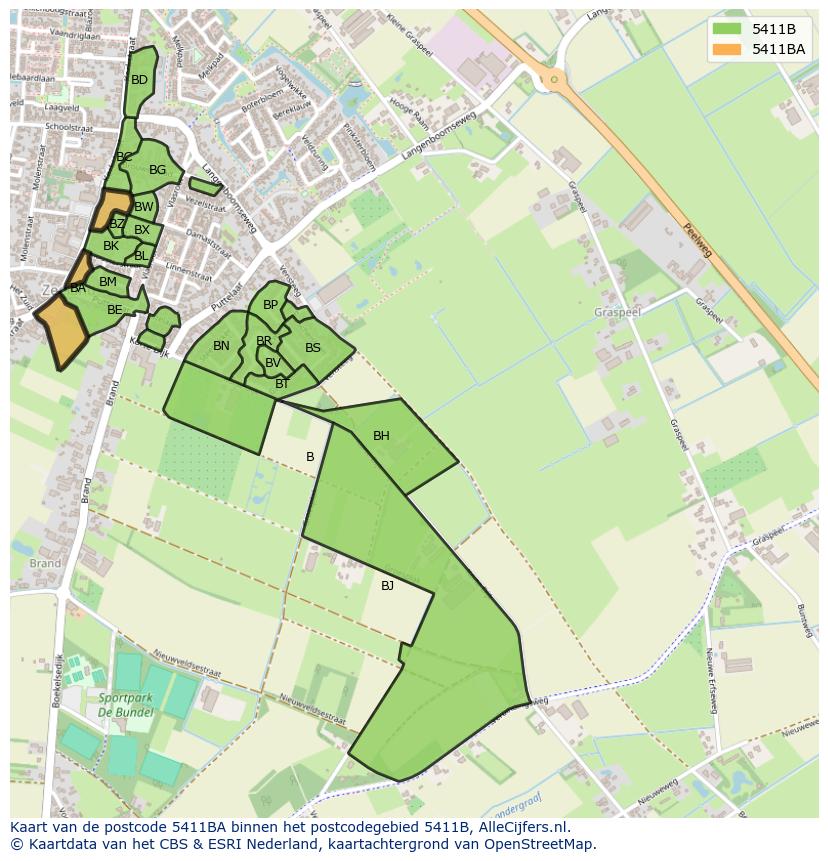 Afbeelding van het postcodegebied 5411 BA op de kaart.