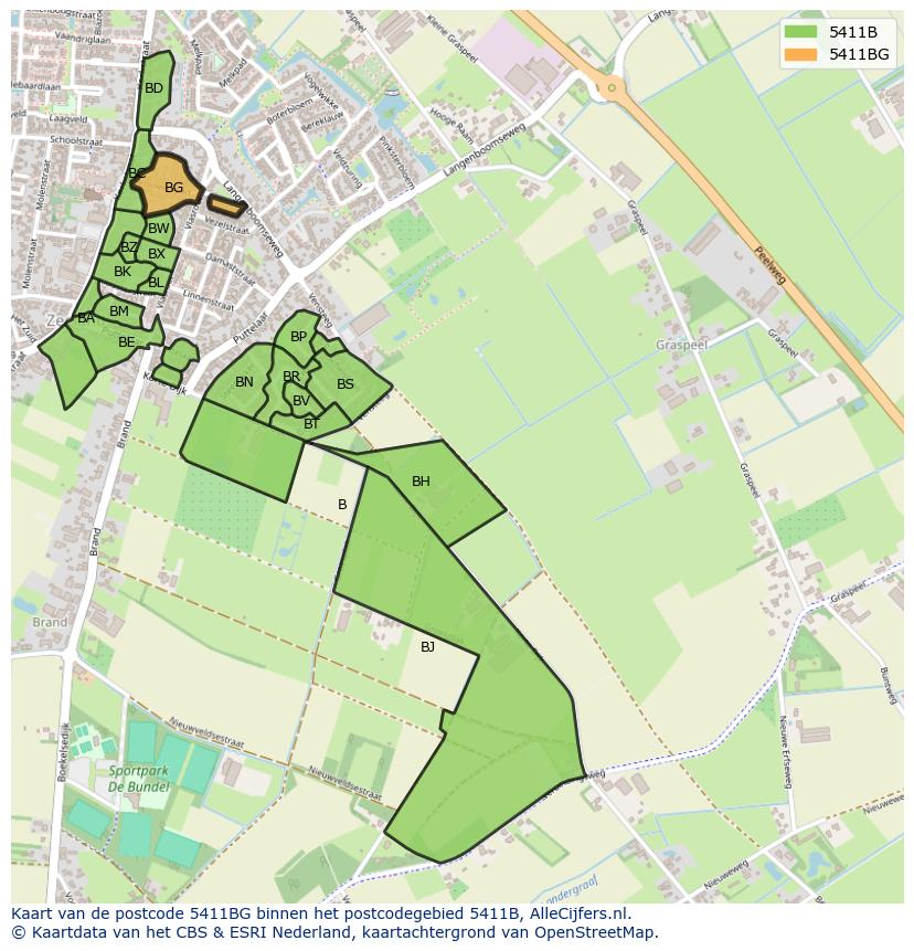 Afbeelding van het postcodegebied 5411 BG op de kaart.