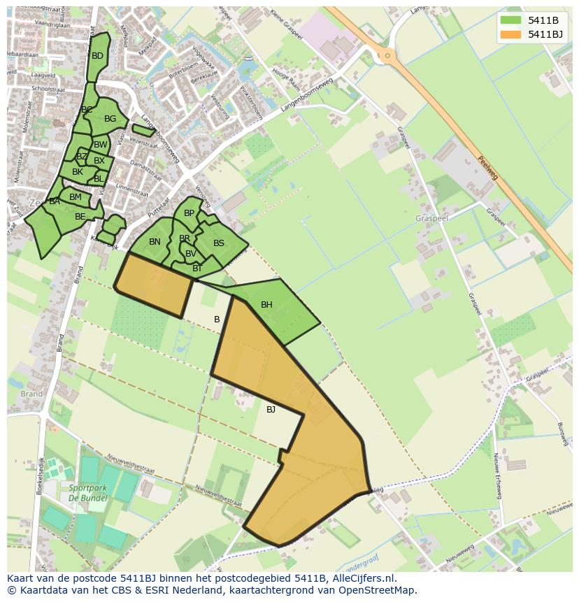 Afbeelding van het postcodegebied 5411 BJ op de kaart.