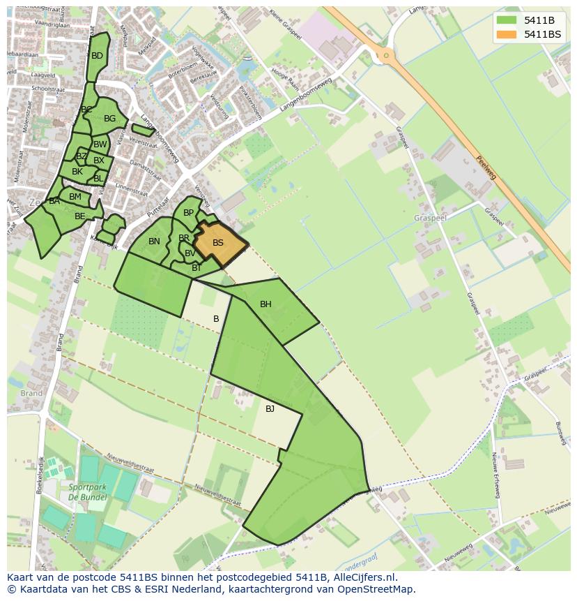 Afbeelding van het postcodegebied 5411 BS op de kaart.