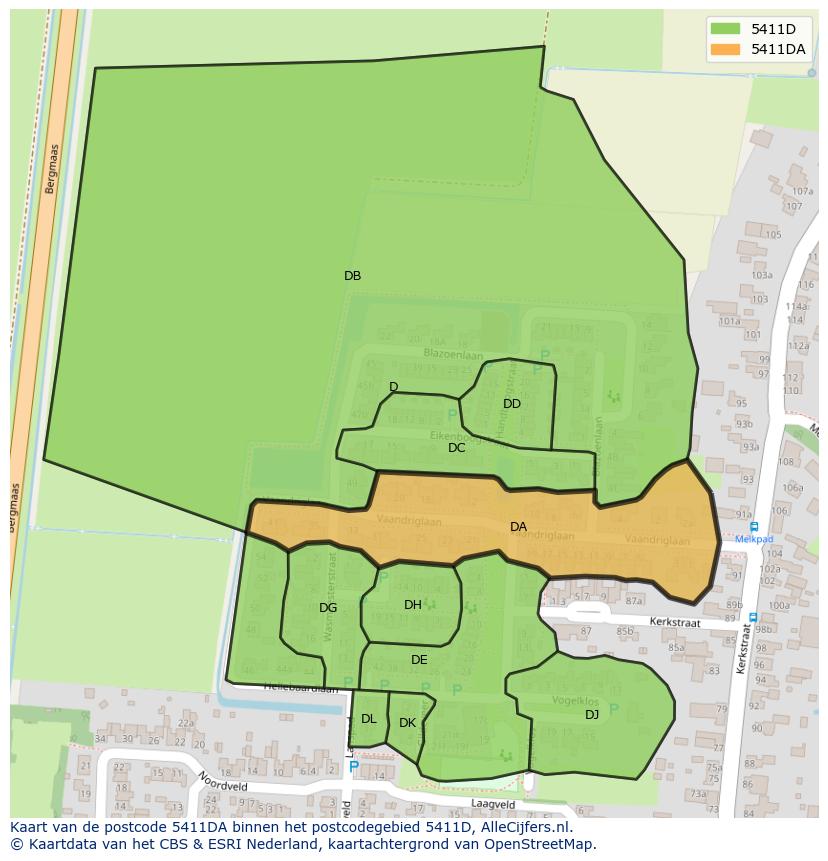 Afbeelding van het postcodegebied 5411 DA op de kaart.