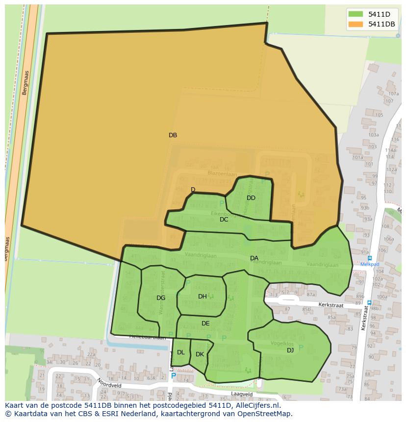 Afbeelding van het postcodegebied 5411 DB op de kaart.