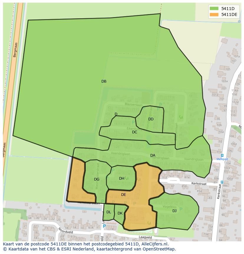 Afbeelding van het postcodegebied 5411 DE op de kaart.