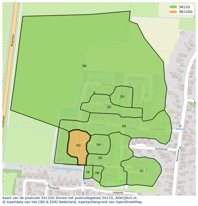 Afbeelding van het postcodegebied 5411 DG op de kaart.