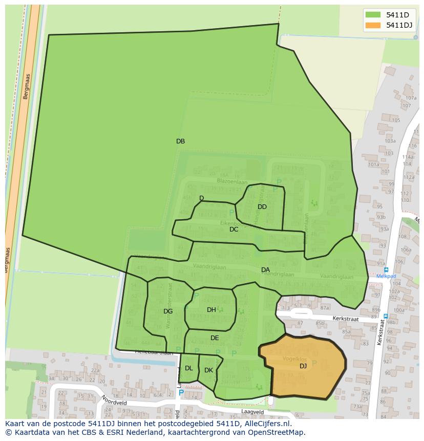Afbeelding van het postcodegebied 5411 DJ op de kaart.