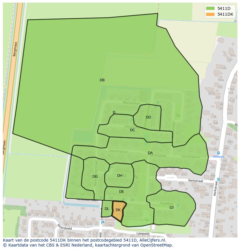 Afbeelding van het postcodegebied 5411 DK op de kaart.
