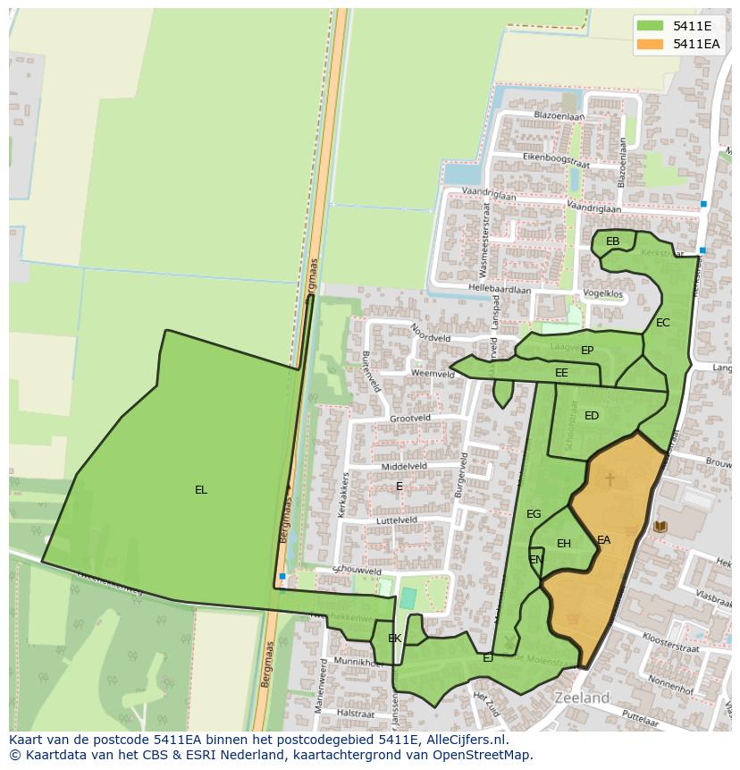 Afbeelding van het postcodegebied 5411 EA op de kaart.