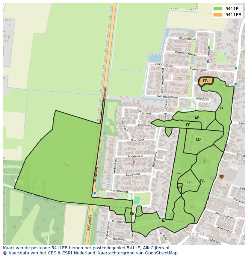 Afbeelding van het postcodegebied 5411 EB op de kaart.