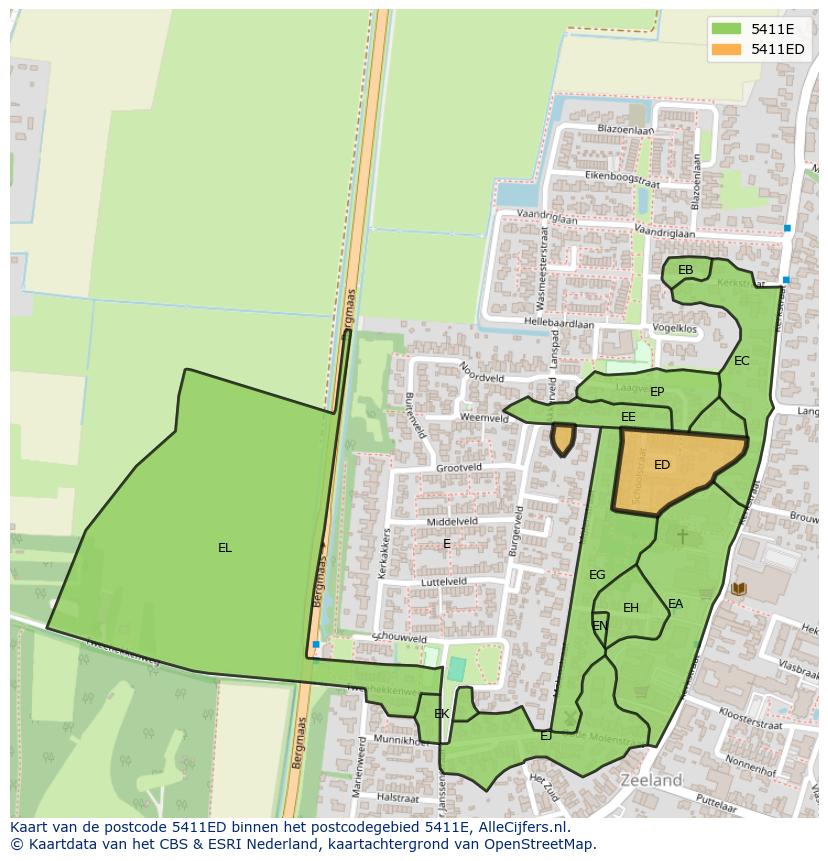 Afbeelding van het postcodegebied 5411 ED op de kaart.