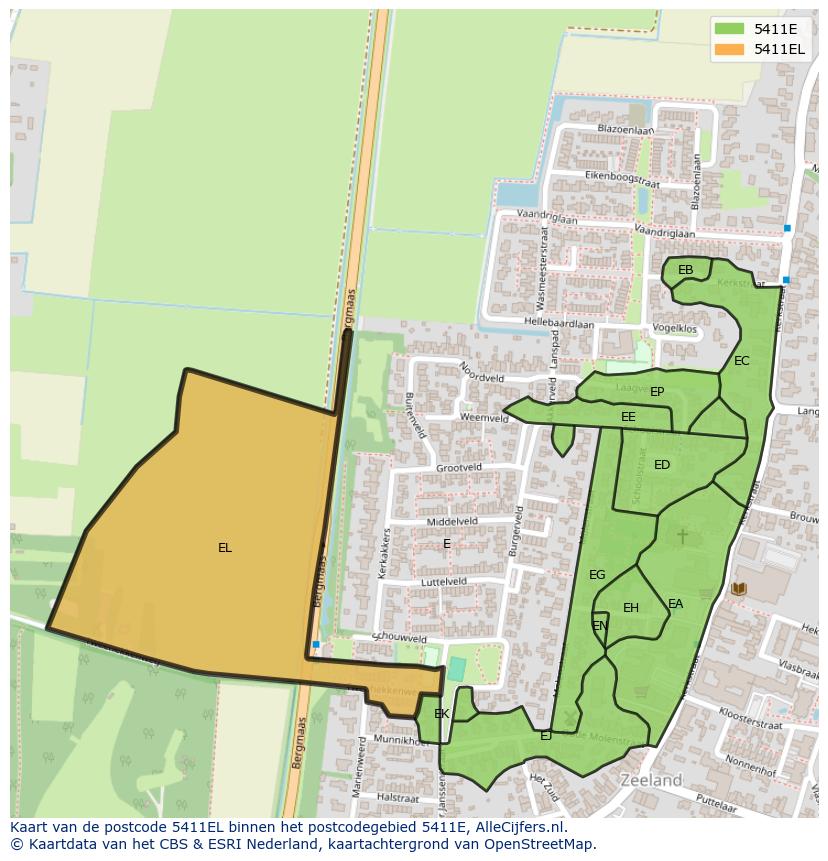 Afbeelding van het postcodegebied 5411 EL op de kaart.