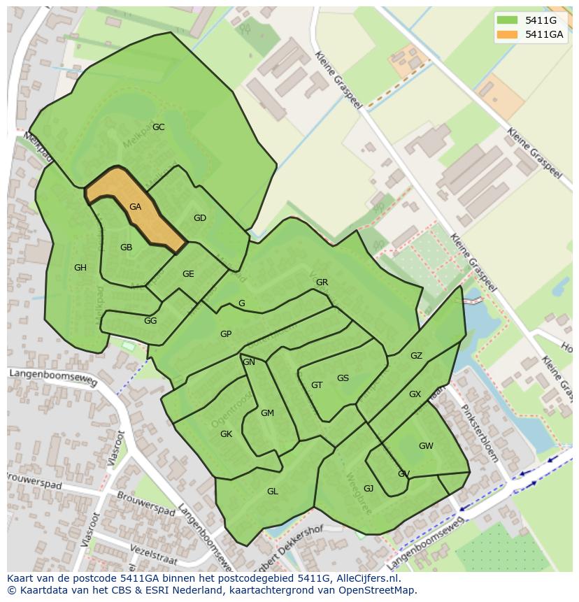 Afbeelding van het postcodegebied 5411 GA op de kaart.
