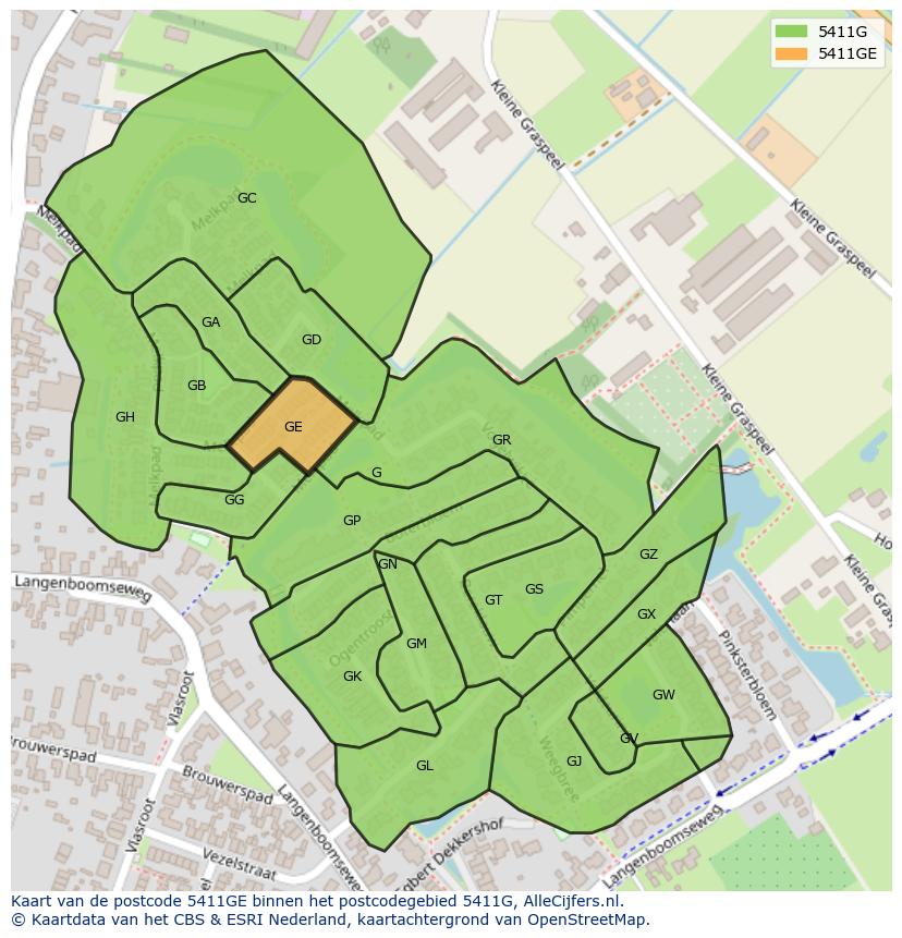 Afbeelding van het postcodegebied 5411 GE op de kaart.