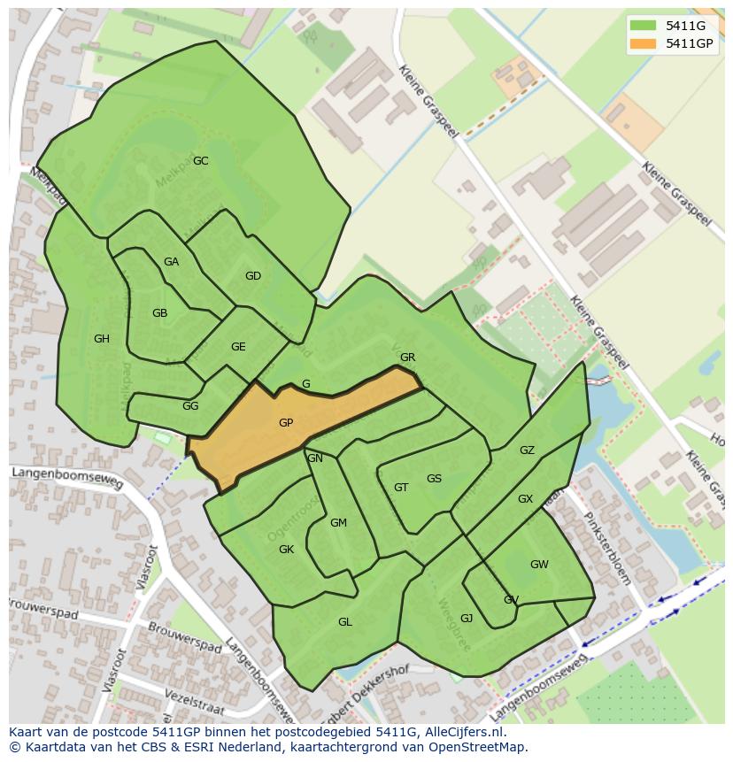 Afbeelding van het postcodegebied 5411 GP op de kaart.