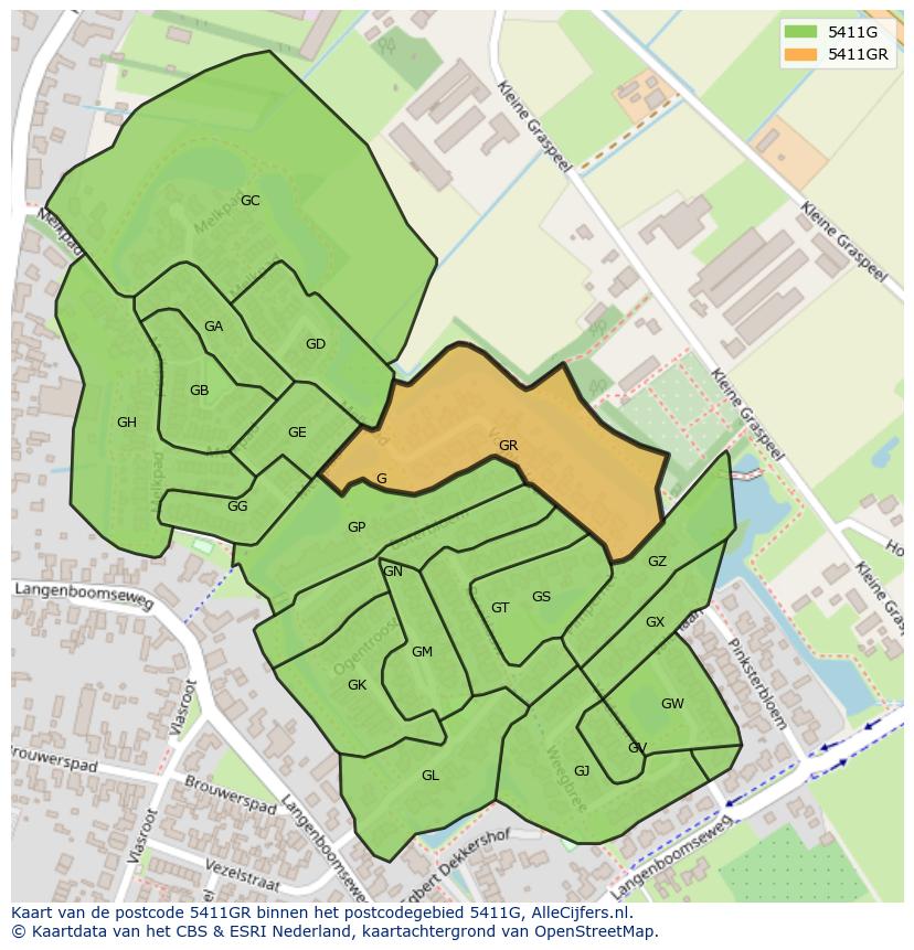 Afbeelding van het postcodegebied 5411 GR op de kaart.