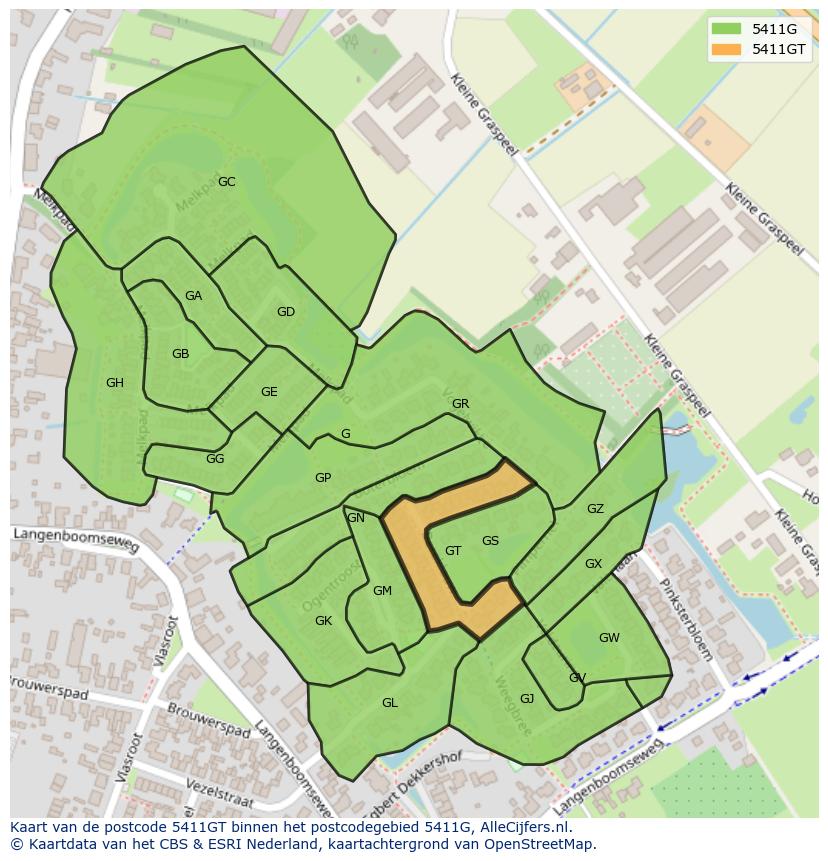 Afbeelding van het postcodegebied 5411 GT op de kaart.