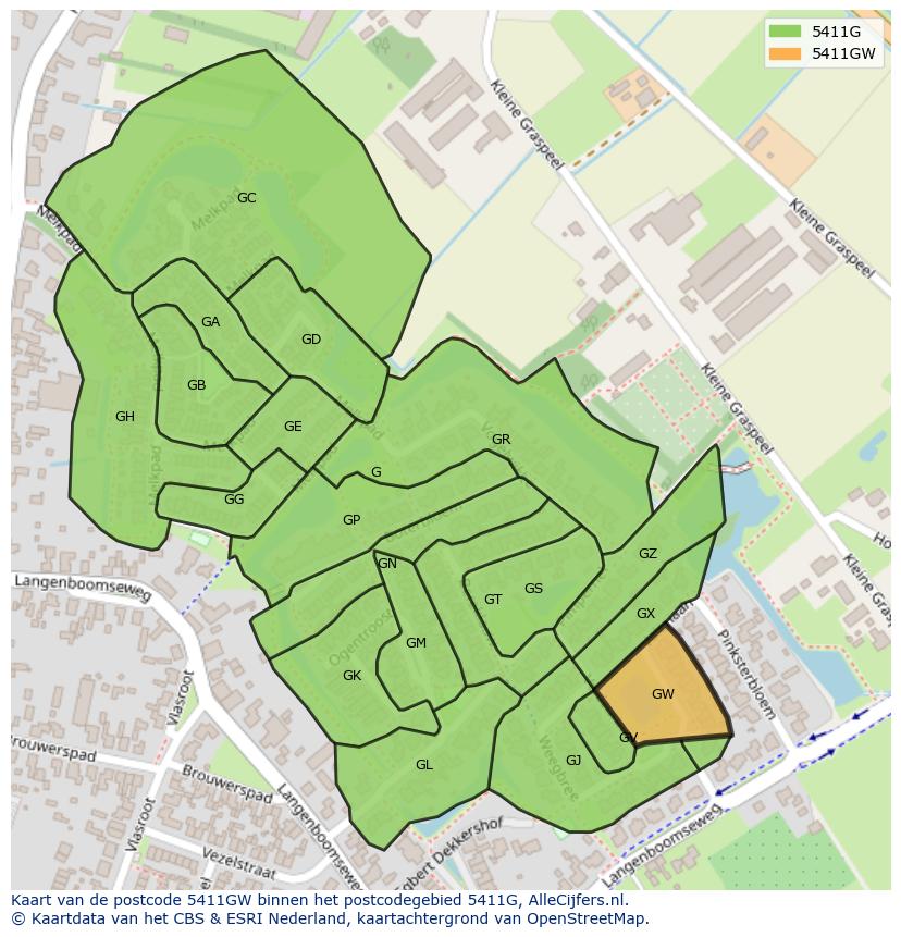 Afbeelding van het postcodegebied 5411 GW op de kaart.