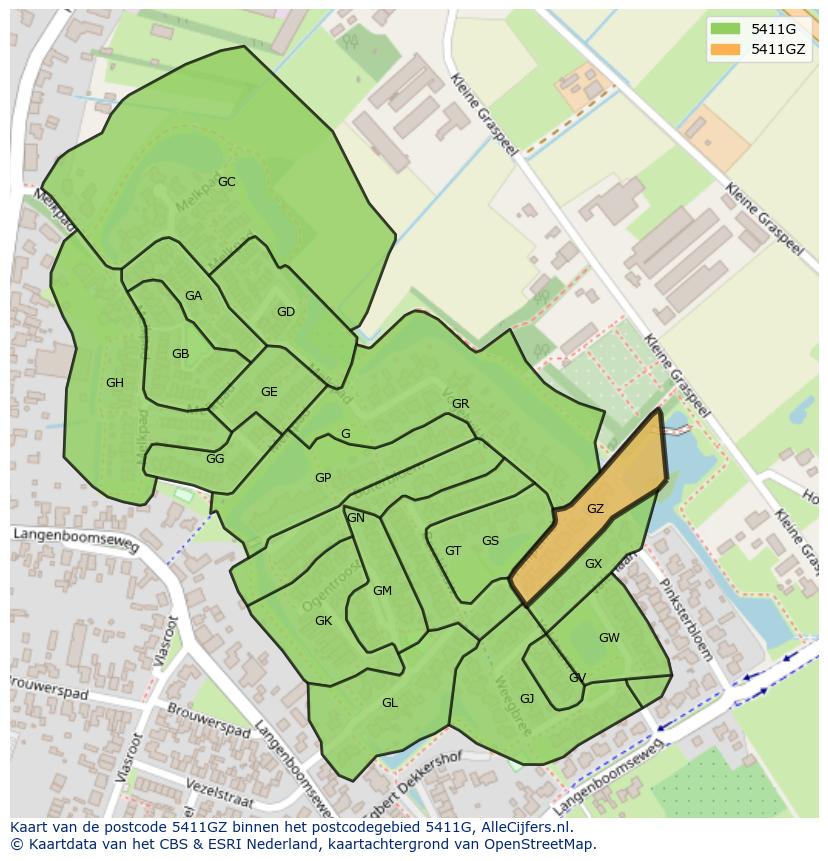 Afbeelding van het postcodegebied 5411 GZ op de kaart.