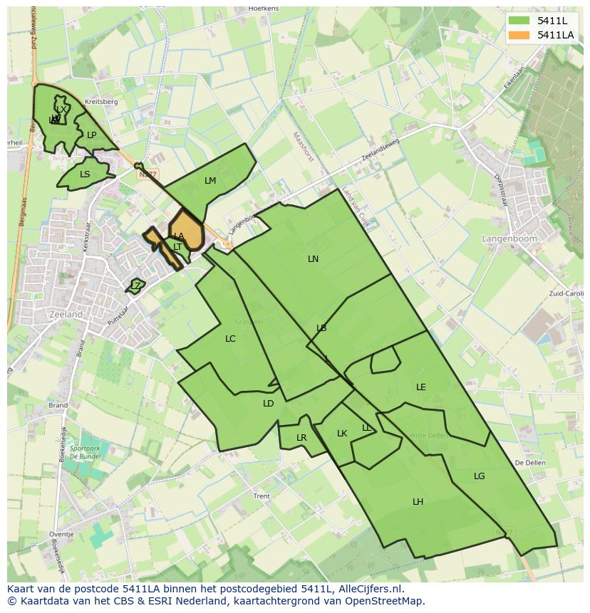 Afbeelding van het postcodegebied 5411 LA op de kaart.