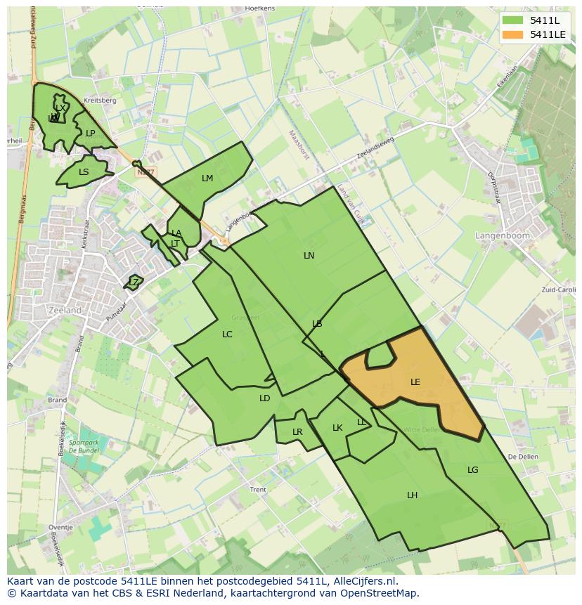 Afbeelding van het postcodegebied 5411 LE op de kaart.