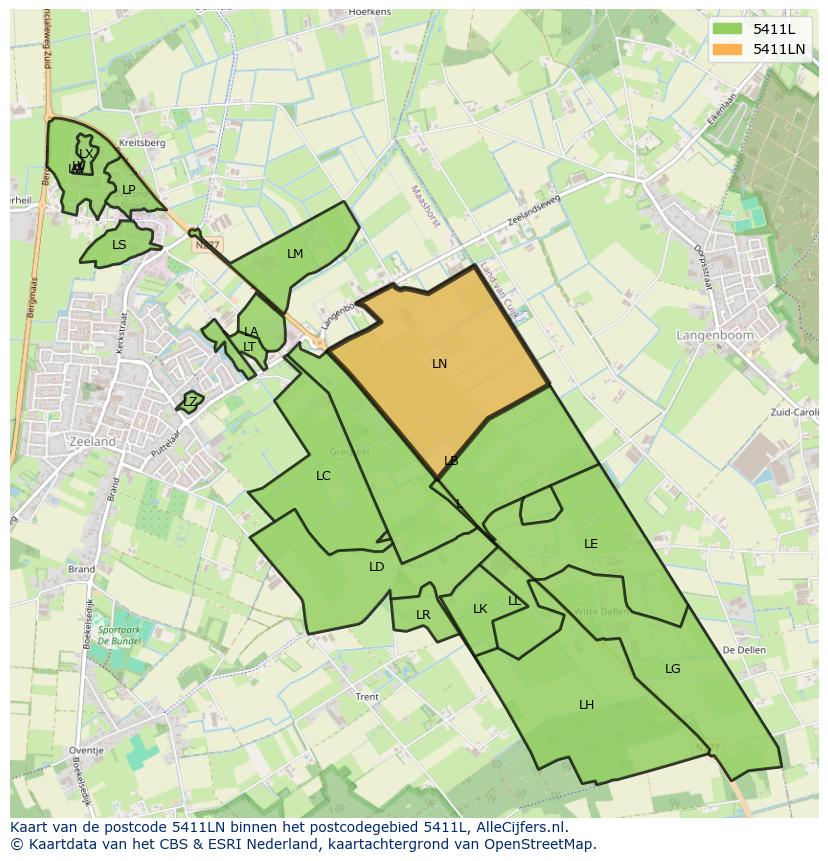 Afbeelding van het postcodegebied 5411 LN op de kaart.