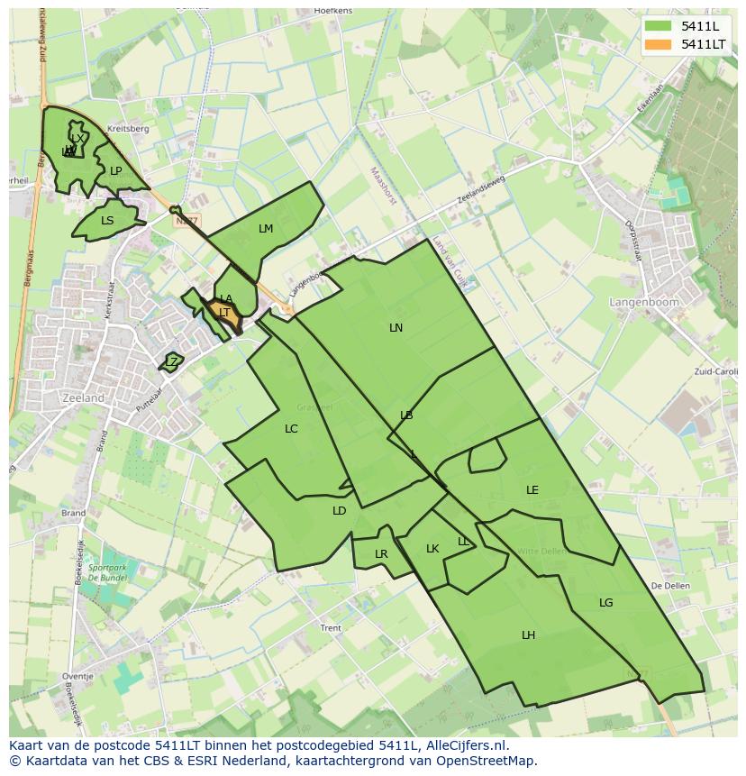 Afbeelding van het postcodegebied 5411 LT op de kaart.
