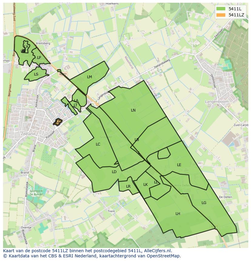 Afbeelding van het postcodegebied 5411 LZ op de kaart.