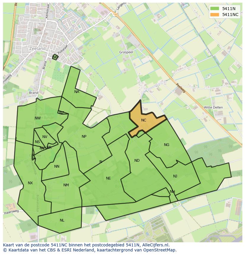 Afbeelding van het postcodegebied 5411 NC op de kaart.