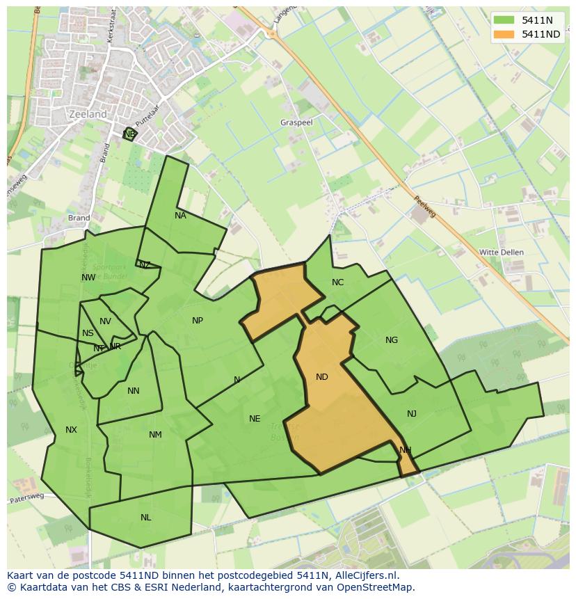 Afbeelding van het postcodegebied 5411 ND op de kaart.