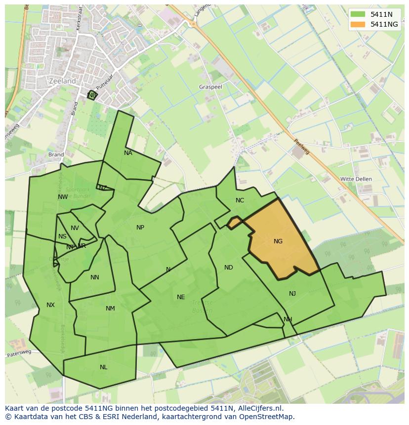 Afbeelding van het postcodegebied 5411 NG op de kaart.