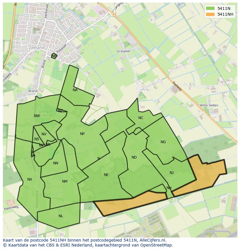 Afbeelding van het postcodegebied 5411 NH op de kaart.