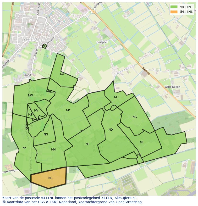Afbeelding van het postcodegebied 5411 NL op de kaart.