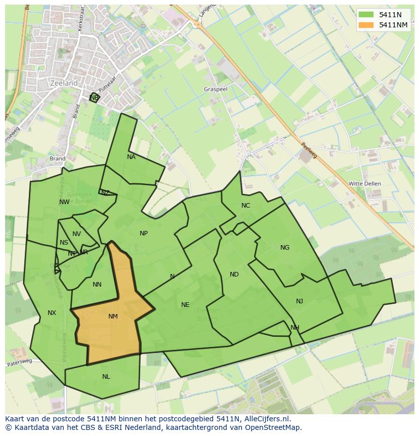 Afbeelding van het postcodegebied 5411 NM op de kaart.