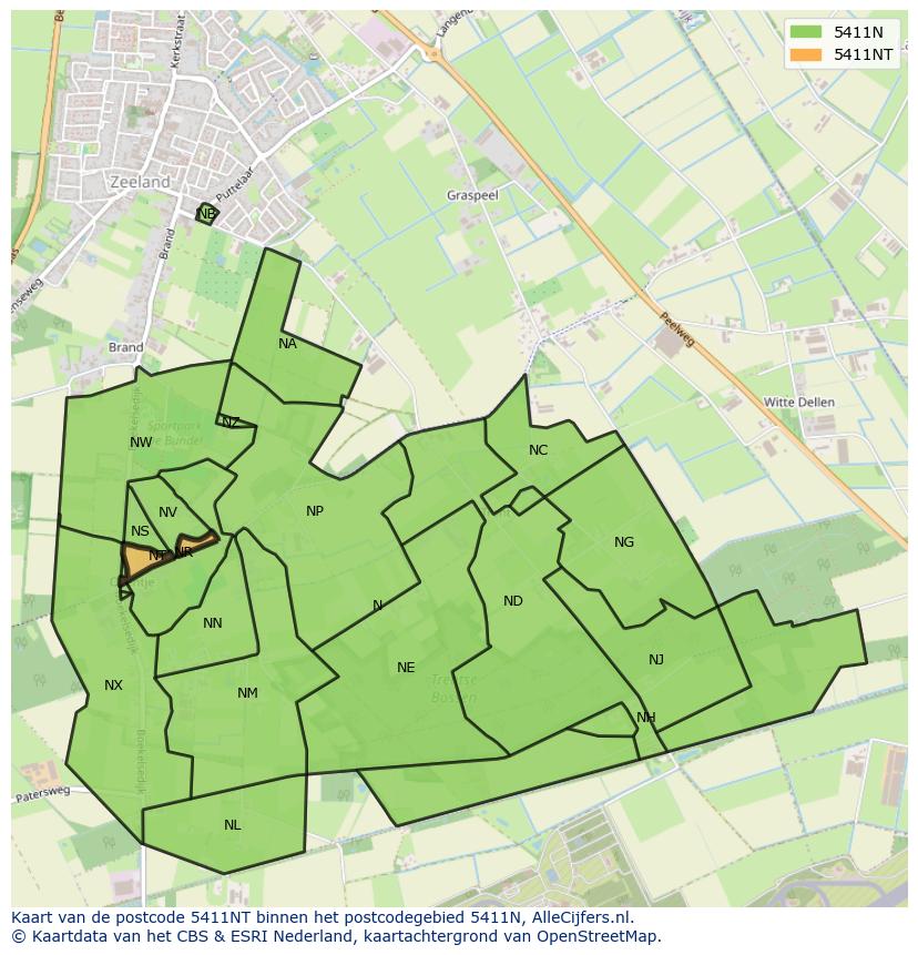 Afbeelding van het postcodegebied 5411 NT op de kaart.