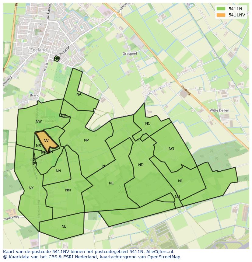 Afbeelding van het postcodegebied 5411 NV op de kaart.