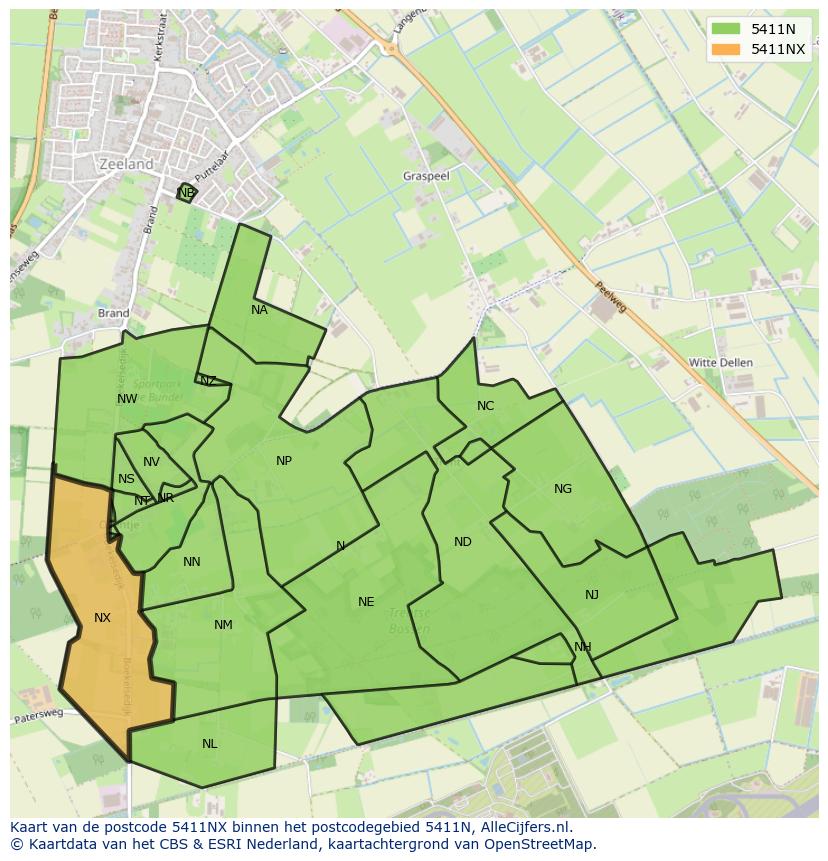 Afbeelding van het postcodegebied 5411 NX op de kaart.