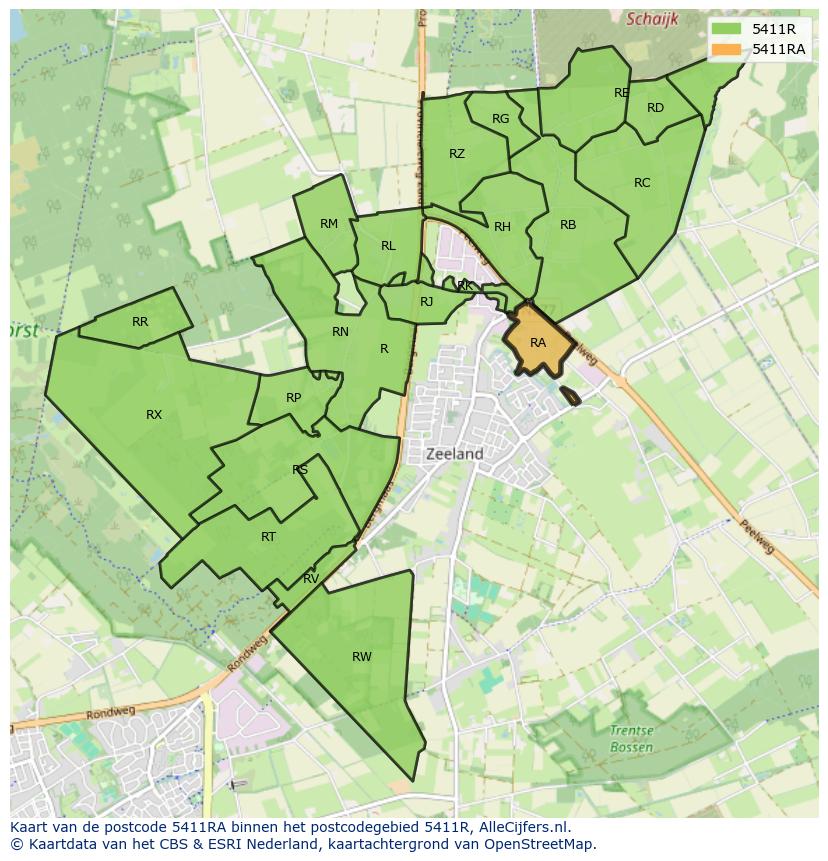 Afbeelding van het postcodegebied 5411 RA op de kaart.