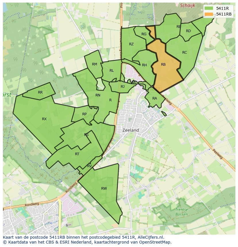 Afbeelding van het postcodegebied 5411 RB op de kaart.