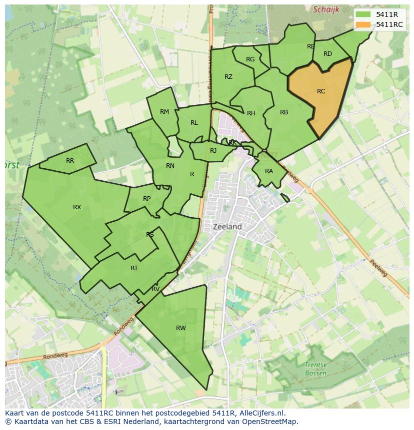 Afbeelding van het postcodegebied 5411 RC op de kaart.